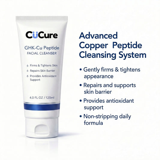 CuCure GHK-Cu copper peptide facial cleanser tube on white background