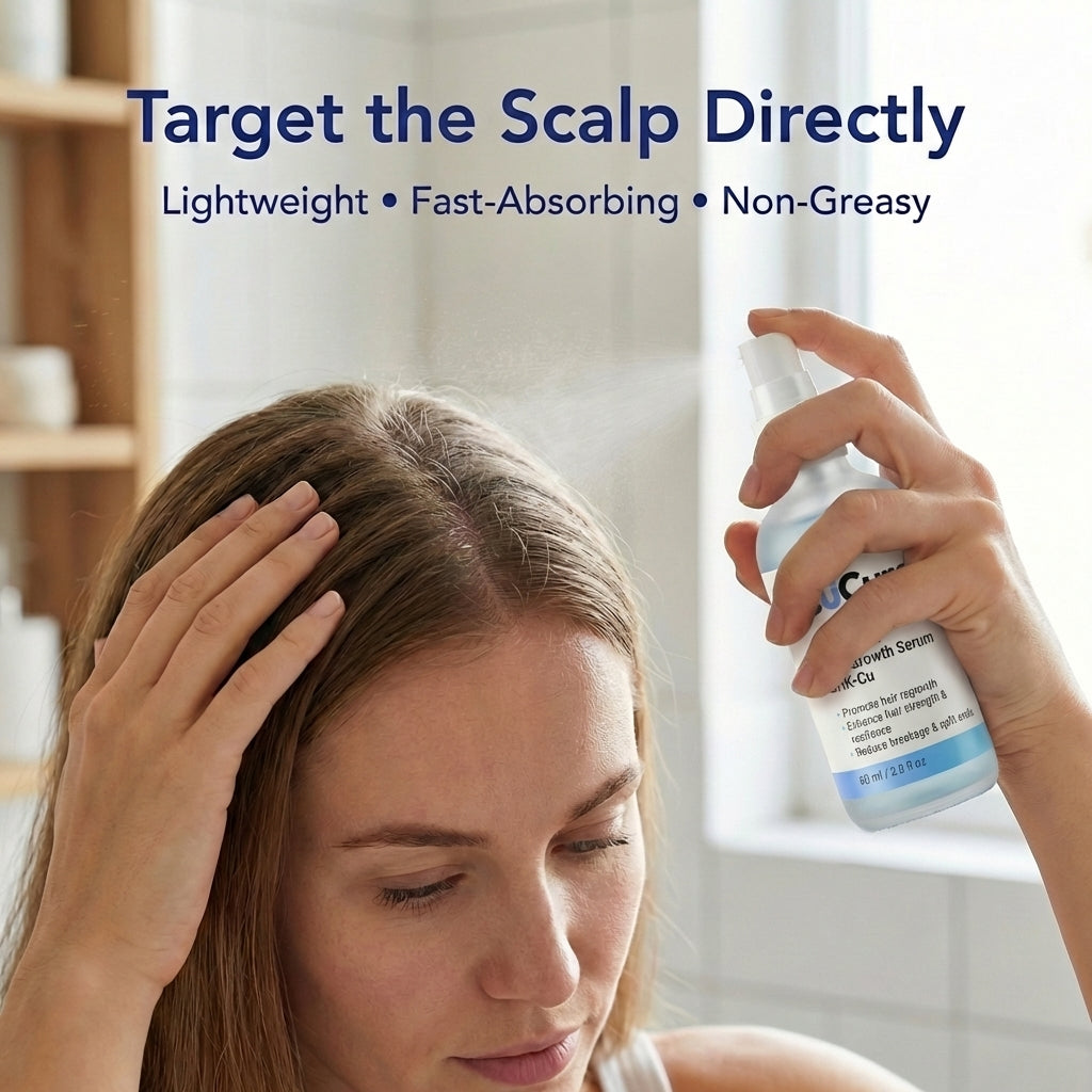 Copper peptide hair growth spray applied to scalp