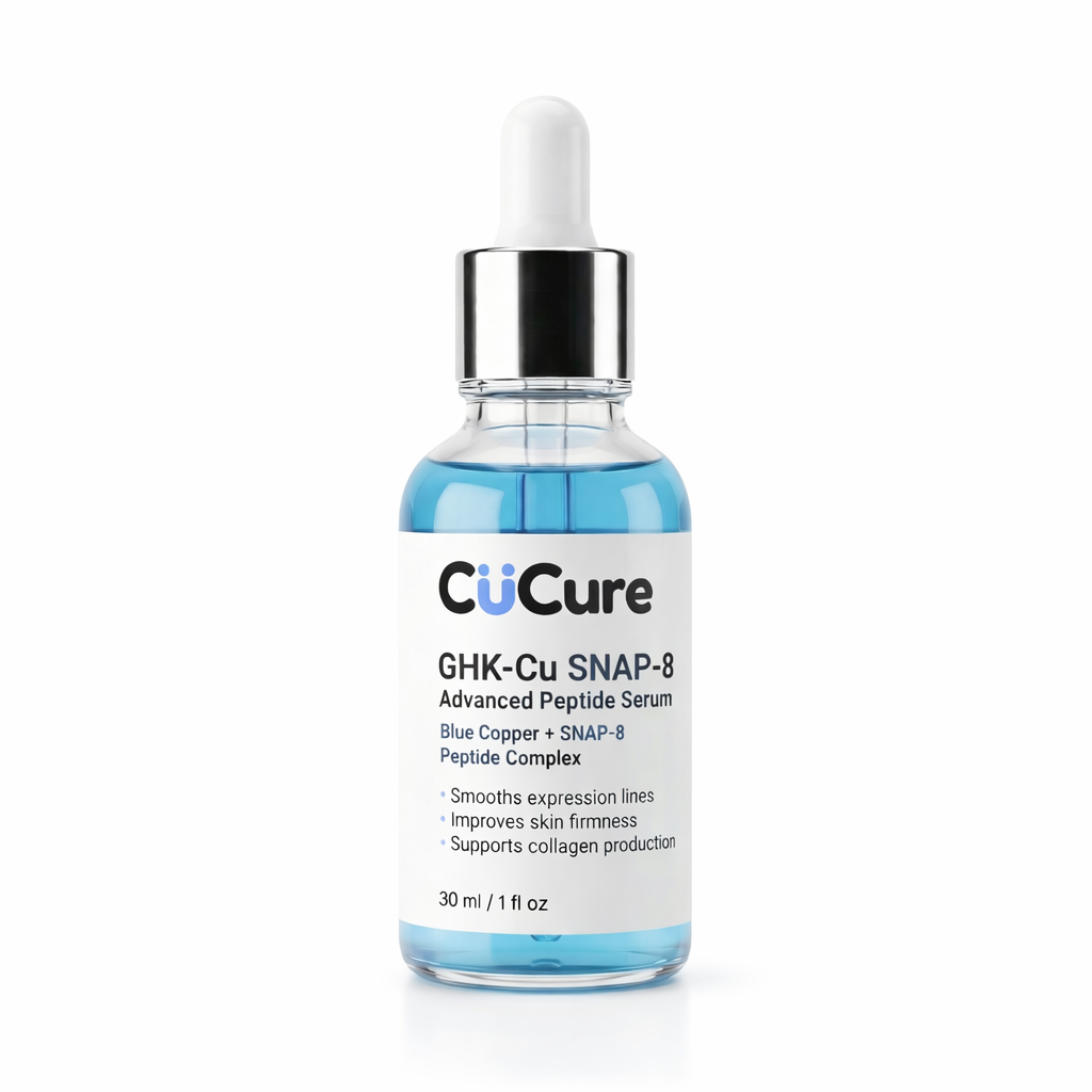 CuCure GHK-Cu SNAP-8 peptide anti aging serum bottle on white background