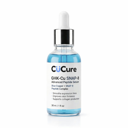 CuCure GHK-Cu SNAP-8 peptide anti aging serum bottle on white background