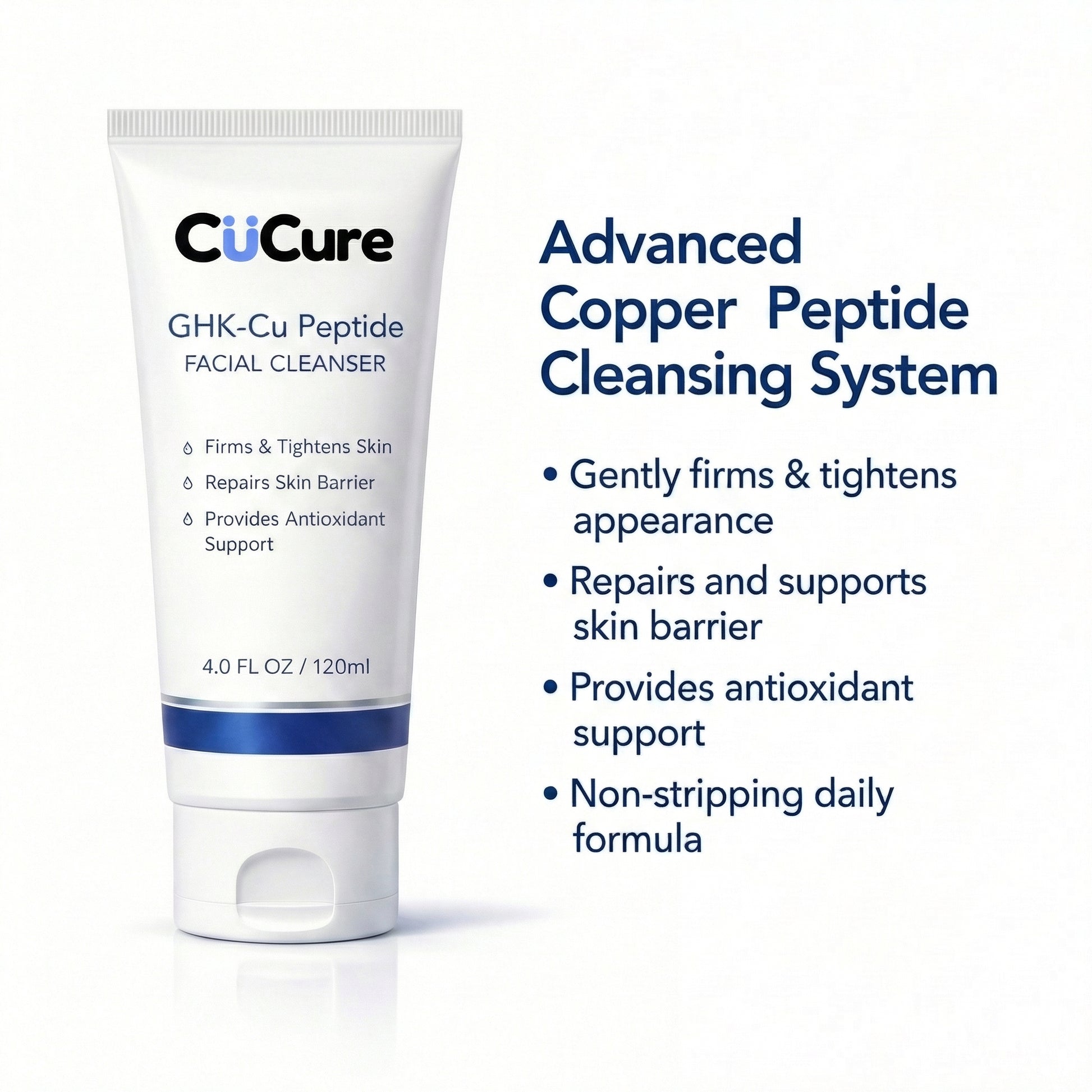 CuCure GHK-Cu copper peptide facial cleanser tube on white background