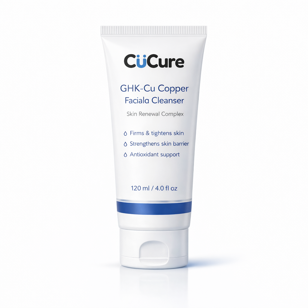 CuCure GHK-Cu copper peptide facial cleanser tube on white background