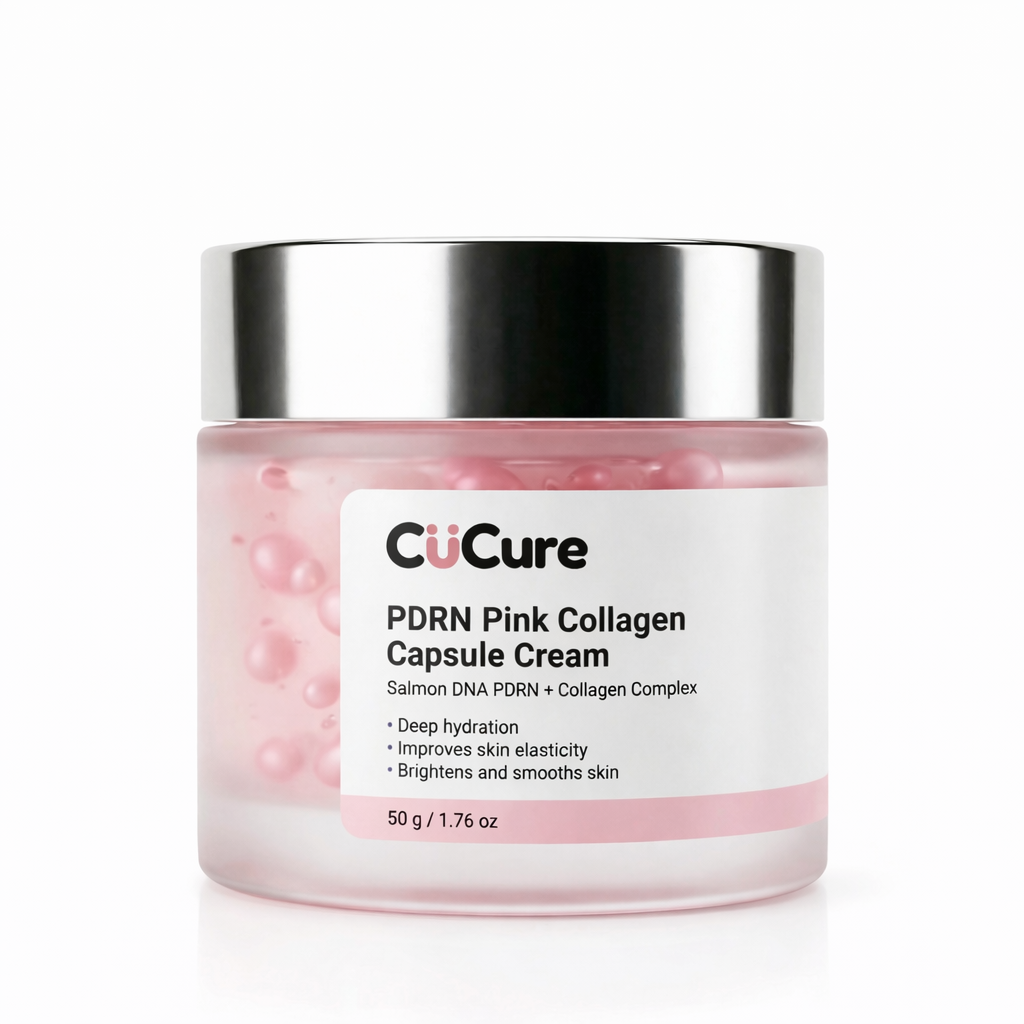 CuCure PDRN pink collagen capsule cream skincare jar on white background