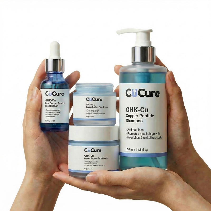 CuCure copper peptide skincare set including serum, face cream and shampoo for anti-aging and hair care