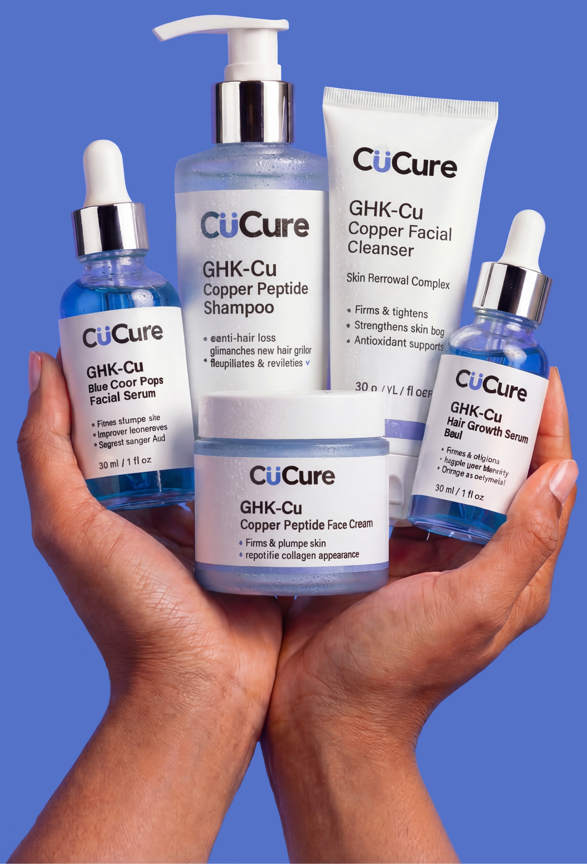 CuCure copper peptide skincare set with GHK-Cu serum, face cream, cleanser and shampoo for skin and hair care