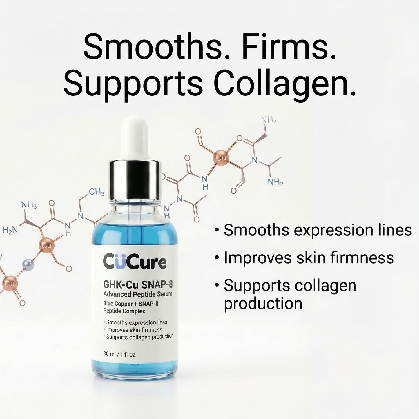 GHK-Cu copper peptide and SNAP-8 serum supporting skin firmness