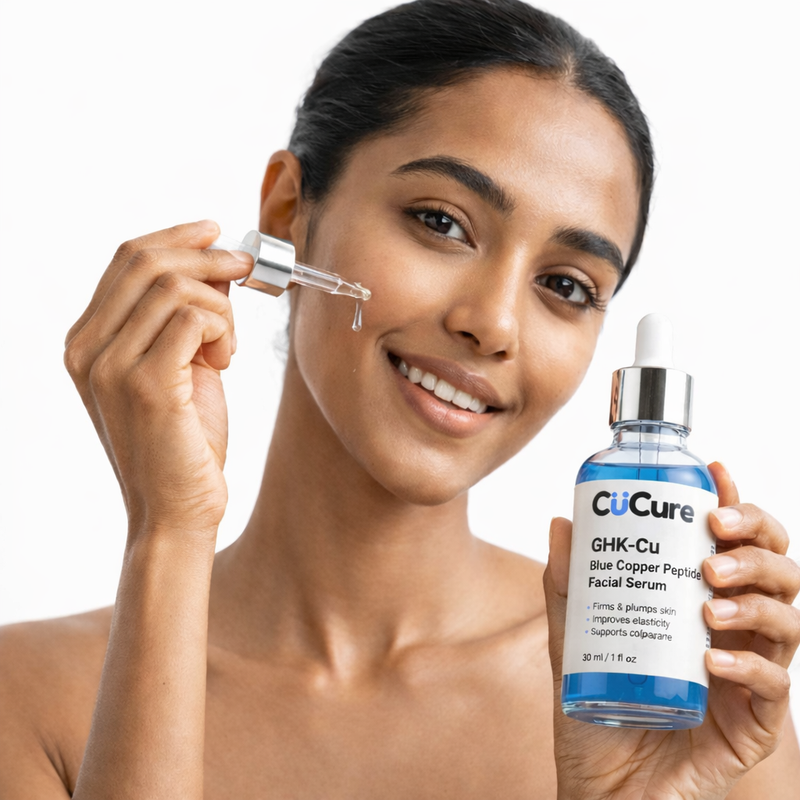 Woman applying CuCure GHK-Cu copper peptide serum to face for anti-aging and skin repair