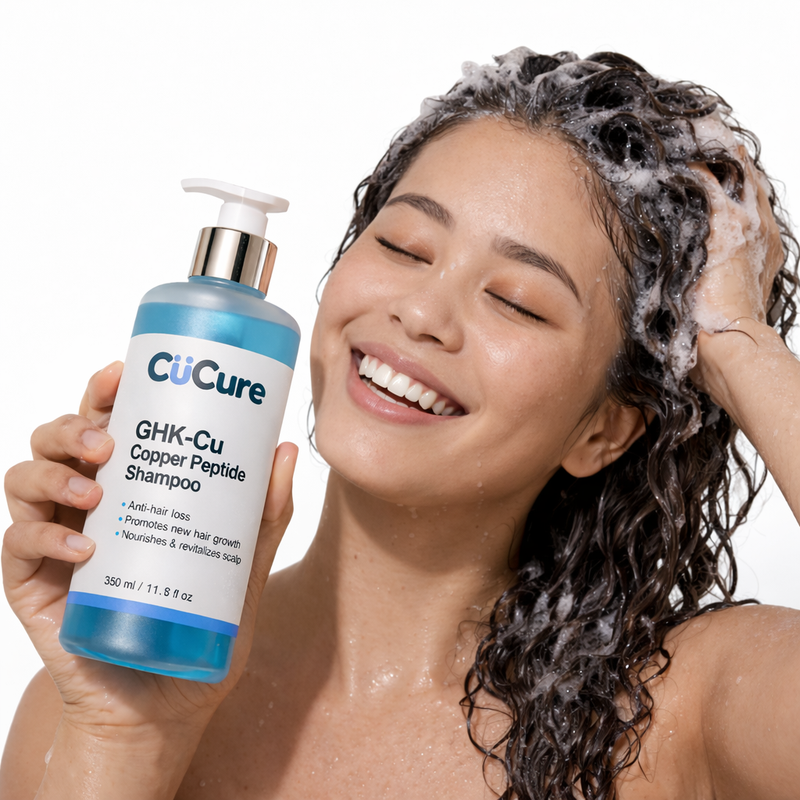 Woman washing hair with CuCure GHK-Cu copper peptide shampoo promoting healthy hair growth and scalp care